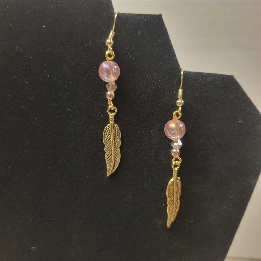 Gold and Pink Bead Dangle Earrings with a Gold Feather